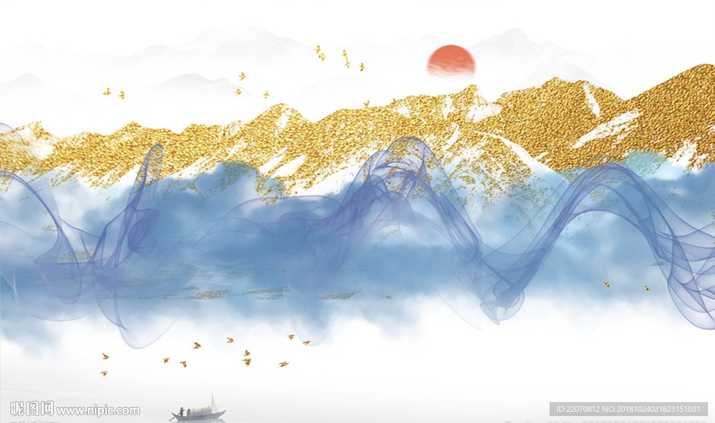 新中式山水情水墨金箔背景墙
