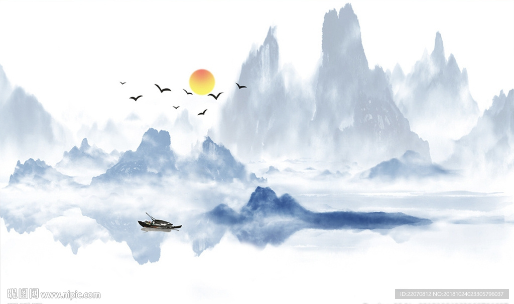 中式蓝色意境水墨山水背景墙