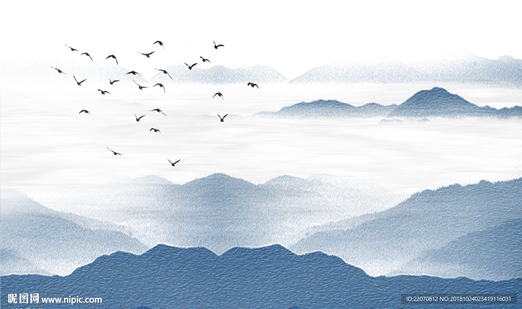 中式蓝色水墨山水飞鸟背景墙