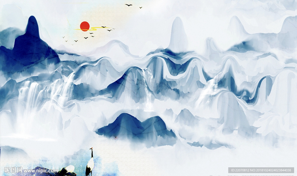 中式蓝色水墨大气山水背景墙
