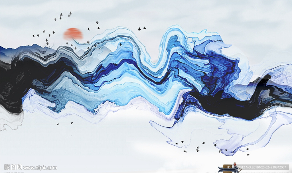 中式蓝色抽象水墨山水背景墙