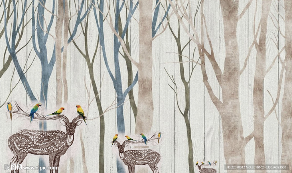 新现代森林山麓鹦鹉背景墙