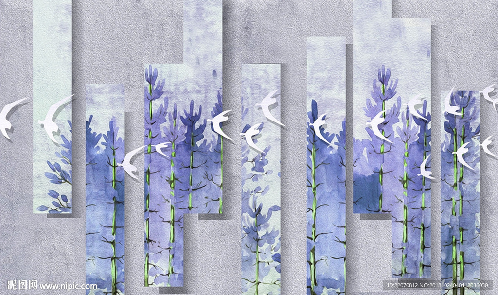 现代蓝色水彩树林浮雕飞鸟背景墙
