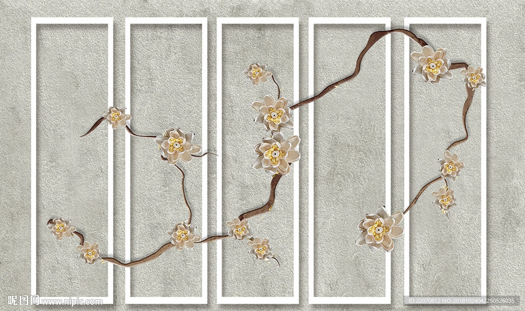 简约画框树枝花朵浮雕背景墙