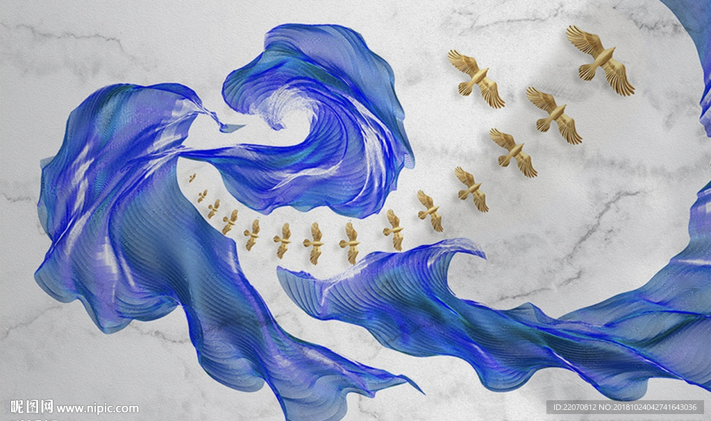 抽象线条水墨山水飞鸟背景墙