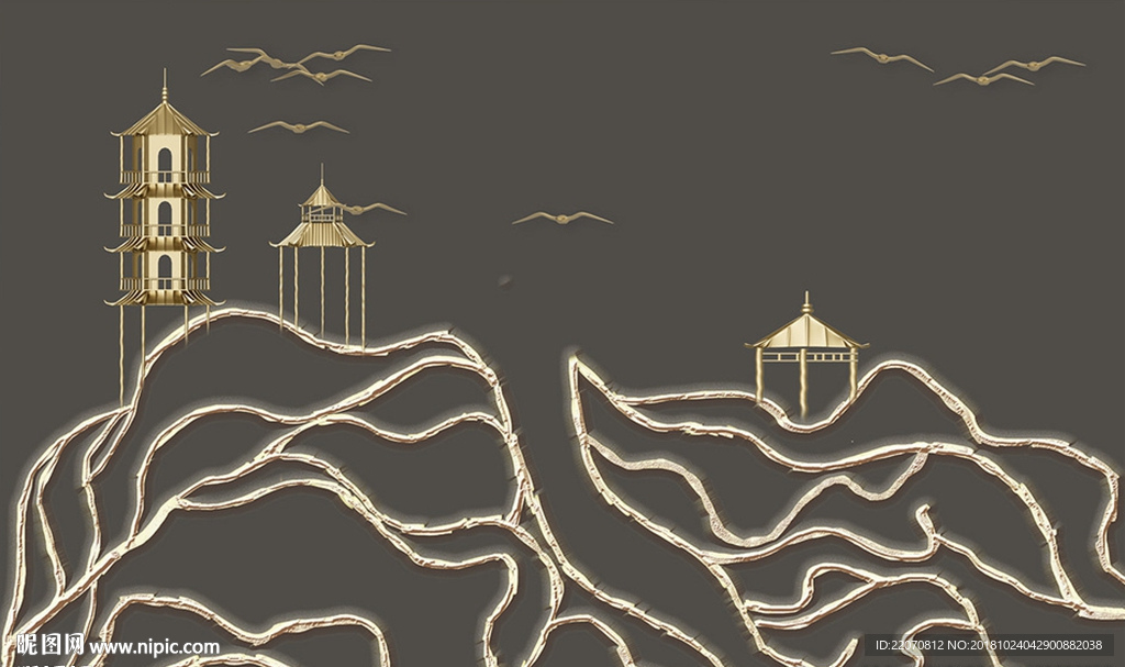 抽象山峦宝塔浮雕背景墙