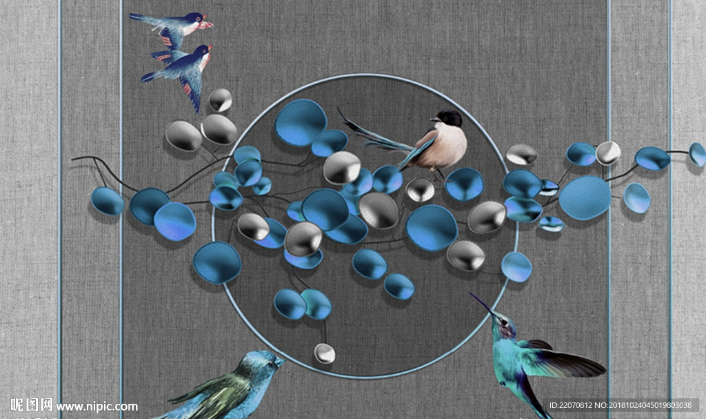 立体小鸟花枝布纹背景墙