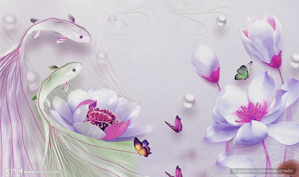 玉兰花荷花珍珠孔雀鱼背景墙