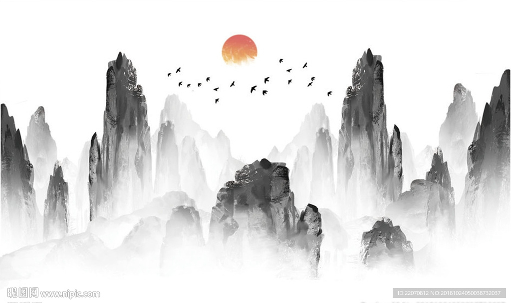 唯美水墨意境山水背景墙