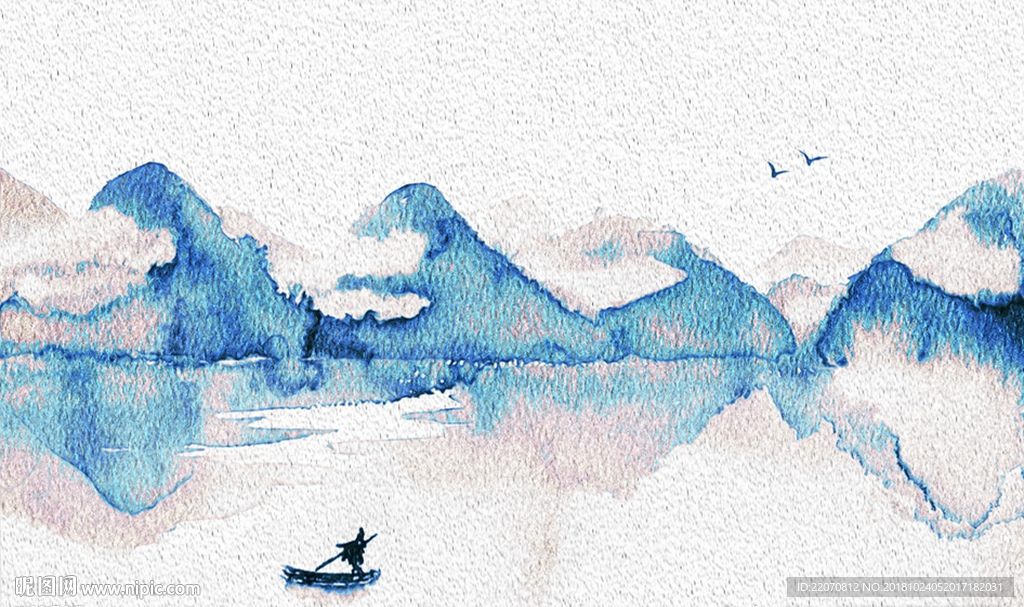 蓝色水墨山水倒影云雾背景墙