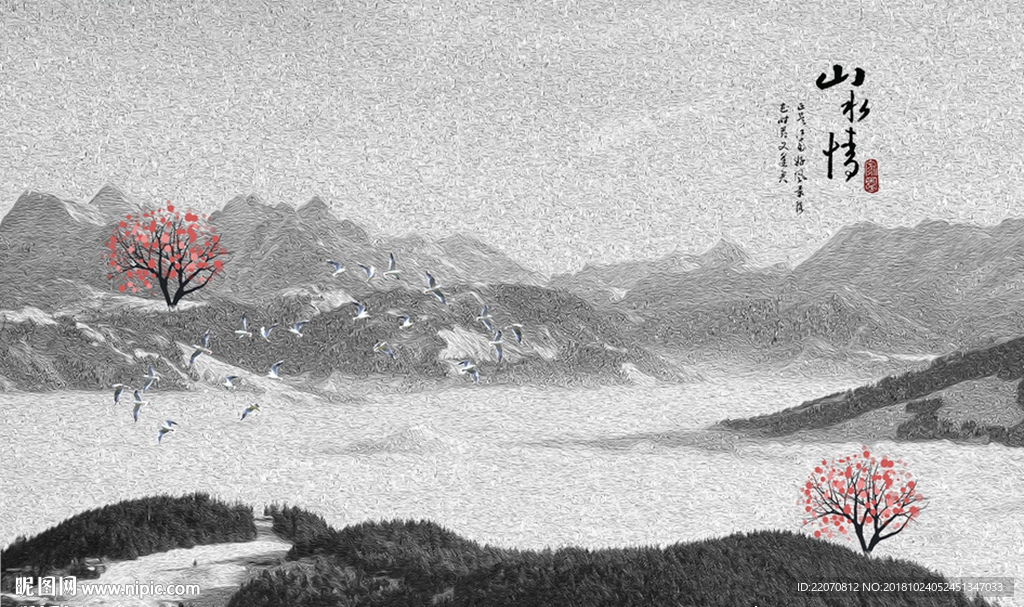 新中式油画山水背景墙