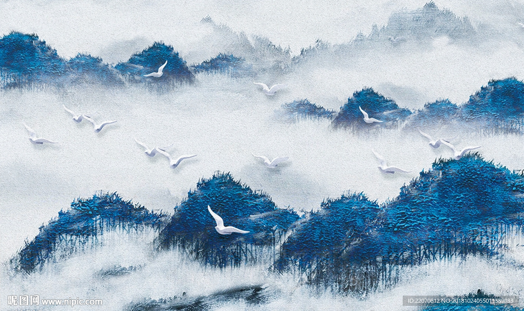 白鹭抽象蓝色森林背景墙