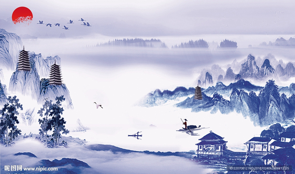 新中式山水塔抽象背景墙