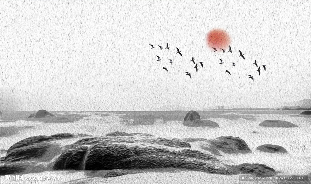 新中式山水飞鸟夕阳背景墙