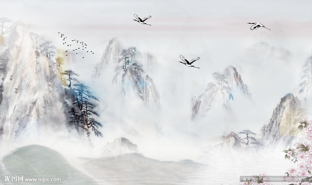 中式山水飞鸟背景墙