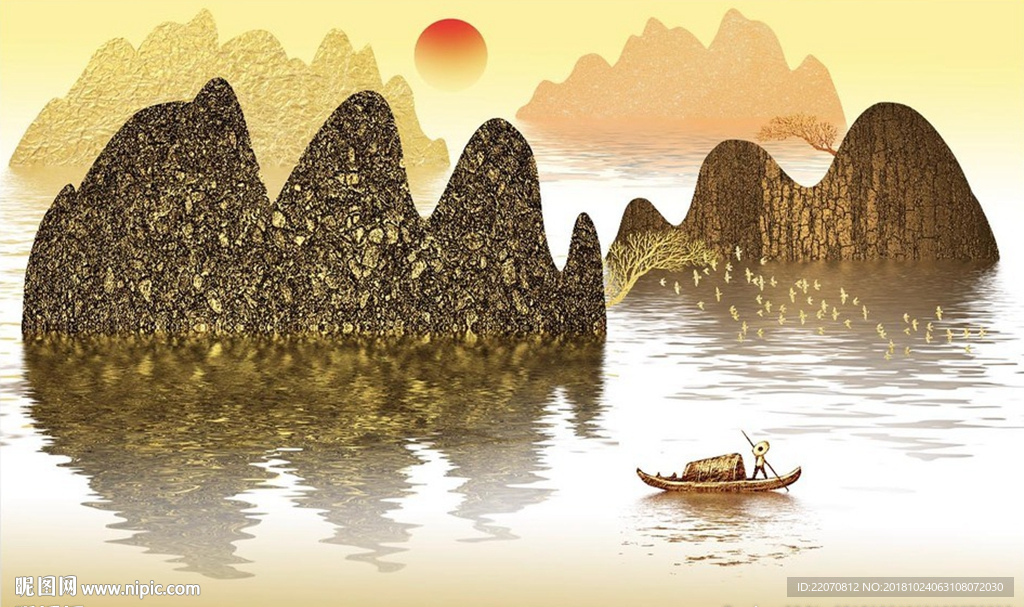 中式金色抽象山水背景墙