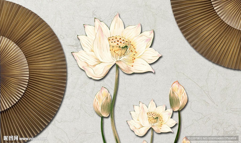 中式简洁清新荷花扇子背景墙