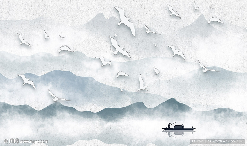 清新水墨淡雅飞鸟山水背景墙