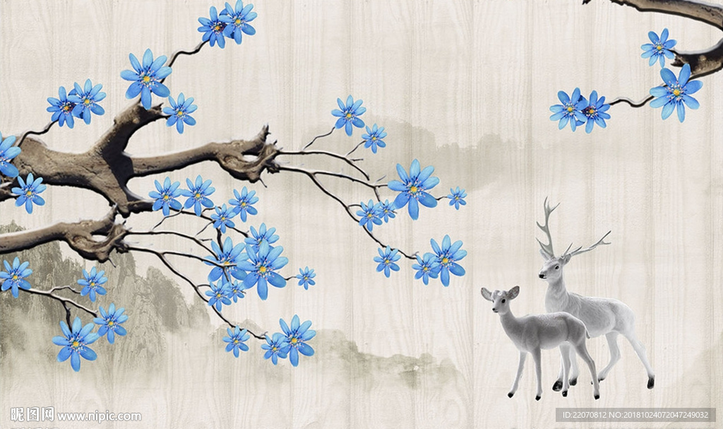 现代风唯美花树麋鹿背景墙