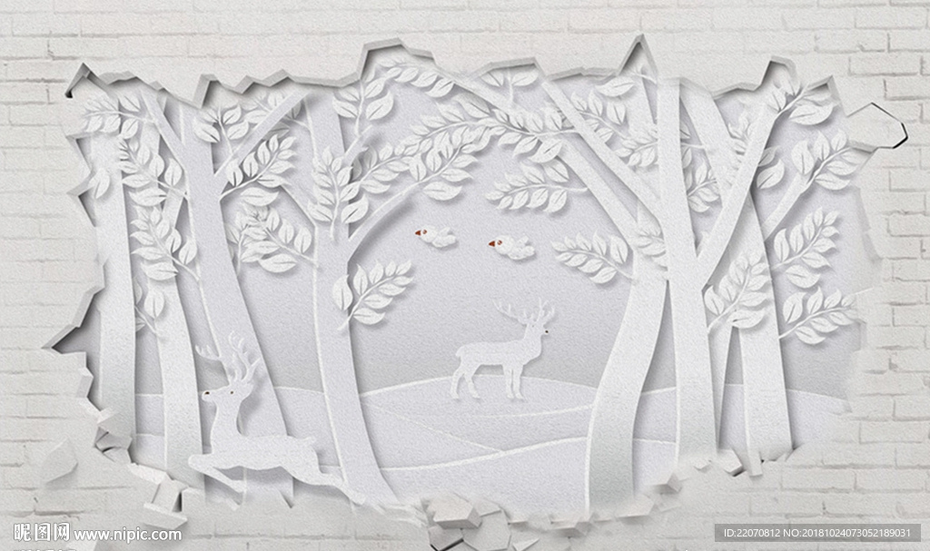 3d砖墙树林小鹿小鸟背景墙
