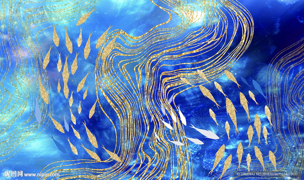 现代简约抽象鱼蓝色背景墙