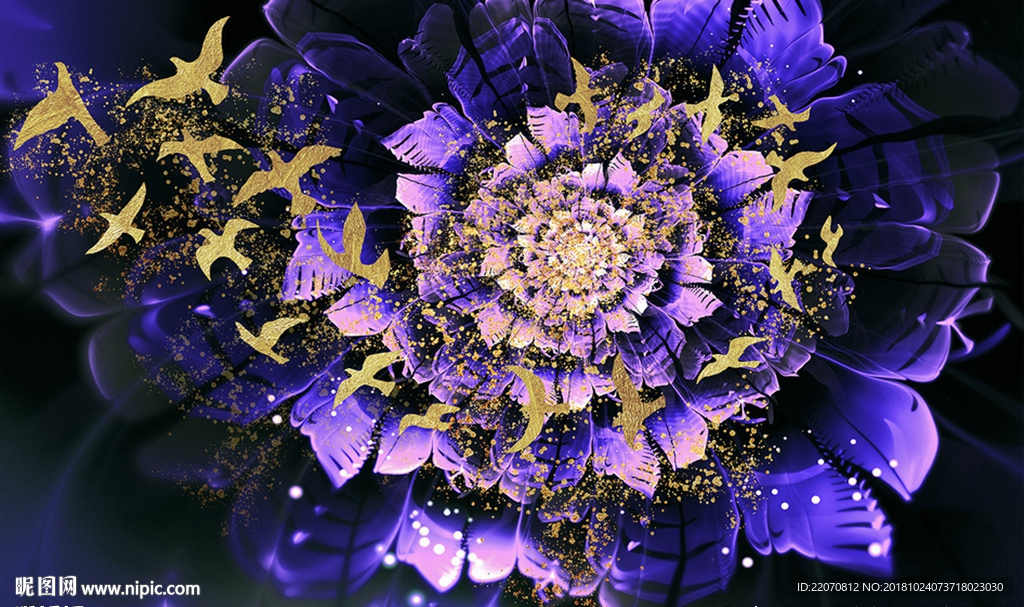 唯美梦幻金色飞鸟抽象花背景墙