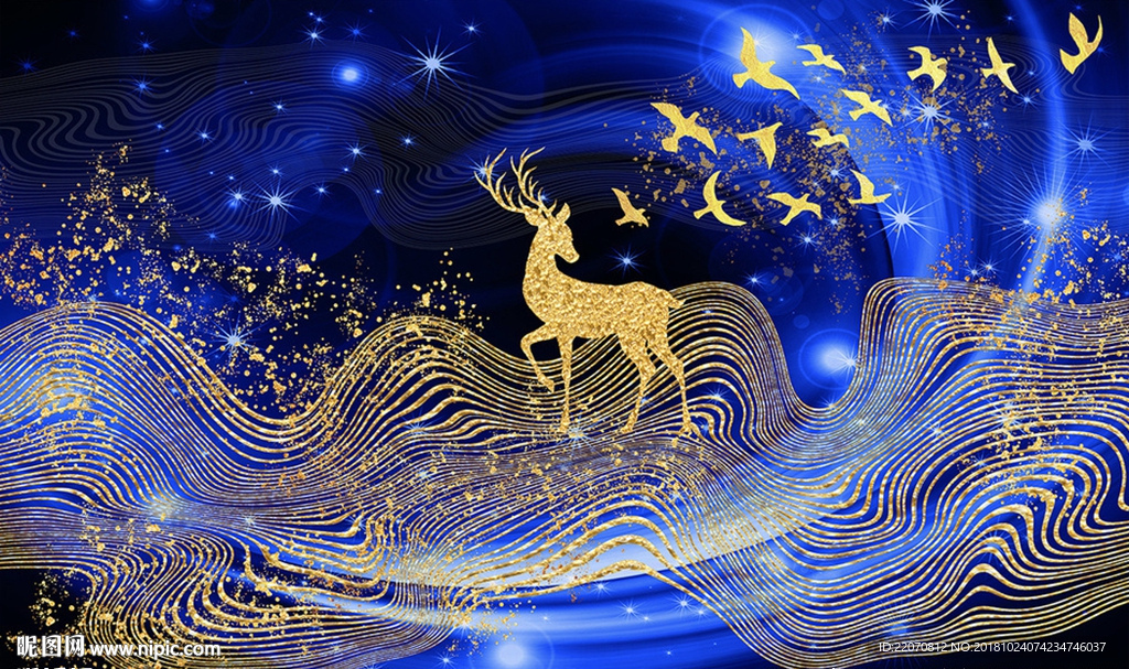 梦幻现代金色抽象鹿背景墙