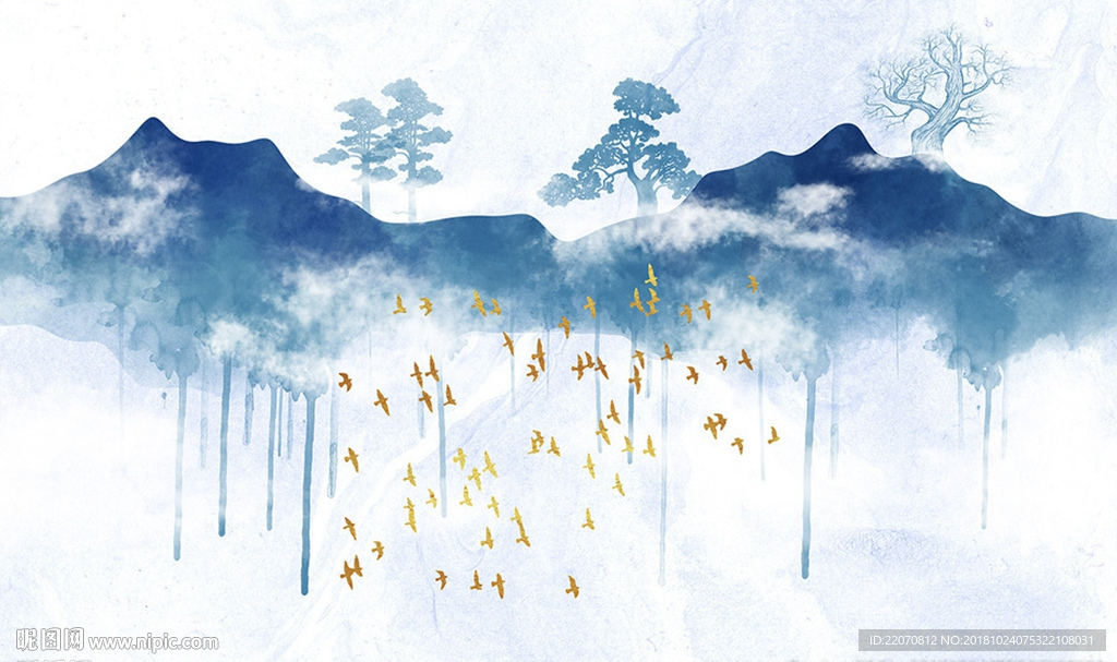 水墨水彩手绘意境山水背景墙