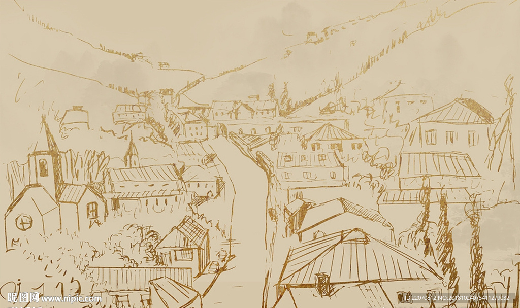 古代村庄线稿背景墙