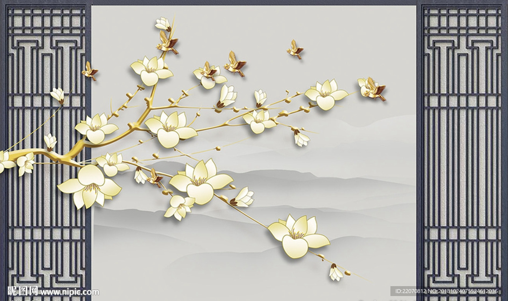 浮雕立体花鸟新中式背景墙