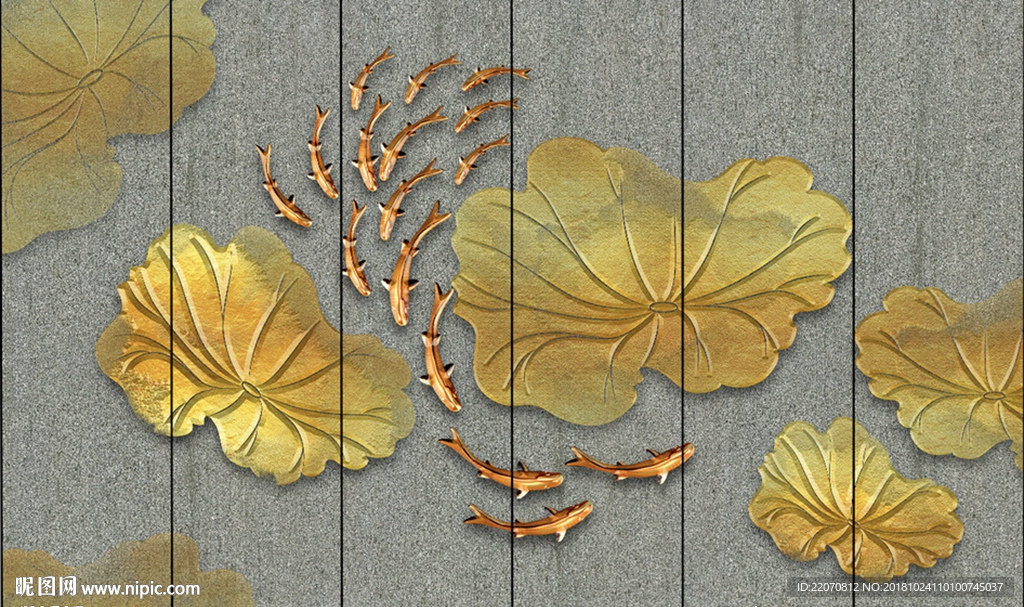 中式质感金箔金色荷叶浮雕背景墙