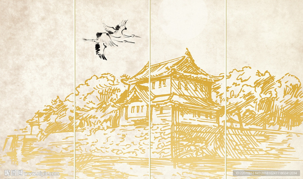 中式手绘古代建筑背景墙