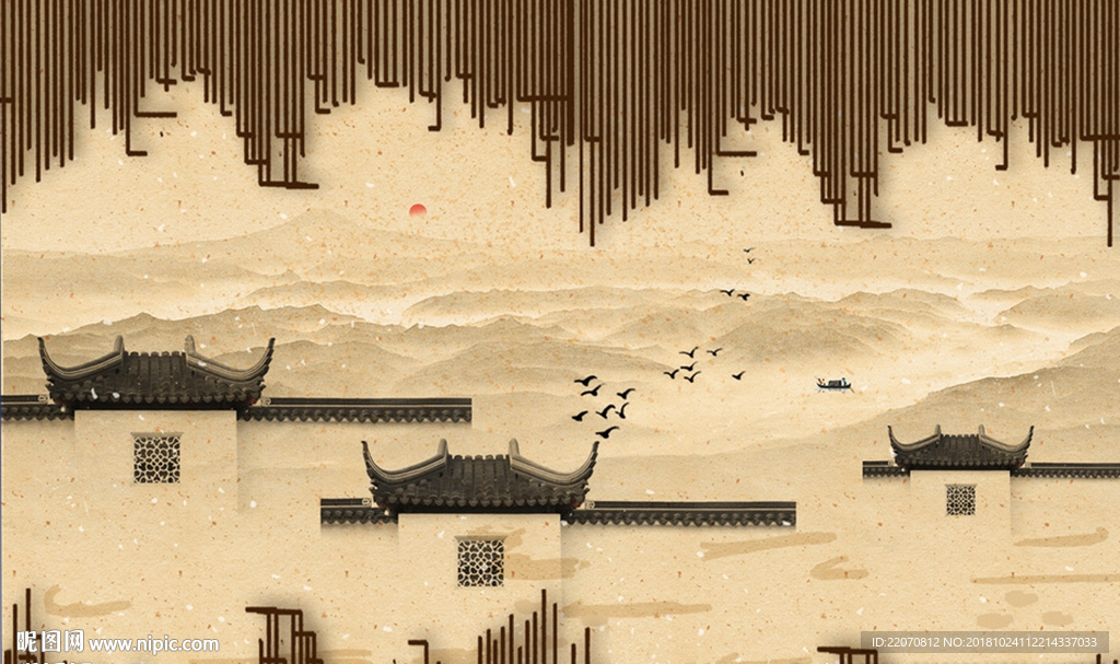 中式清新远景古建筑背景墙