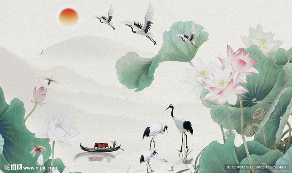 中式荷花飞鹤背景墙