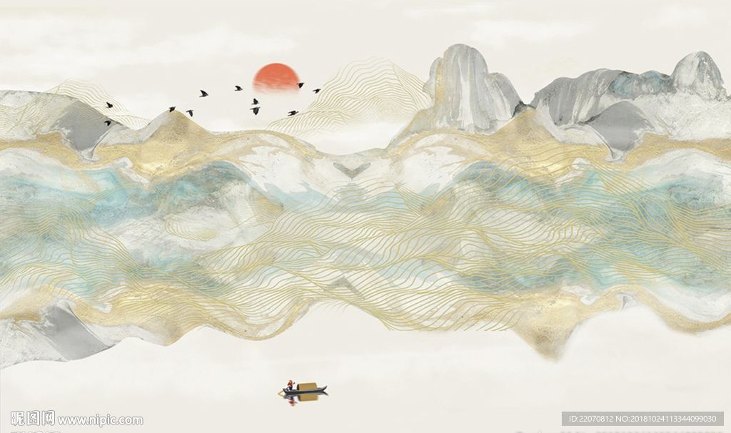 中式抽象手绘水墨山水背景墙