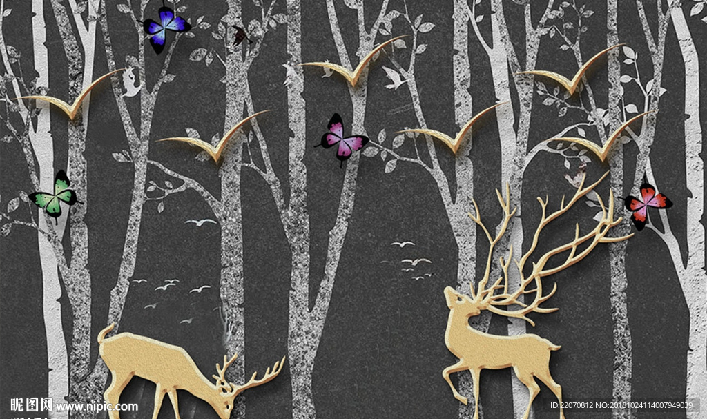 现代小鹿大雁蝴蝶森林背景墙