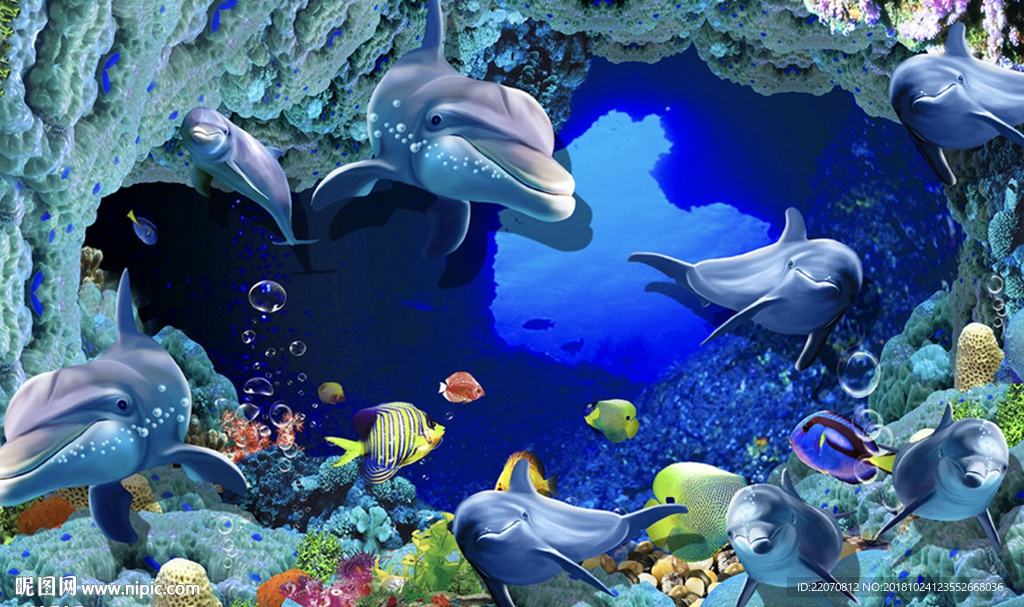 唯美海洋世界海豚珊瑚背景墙
