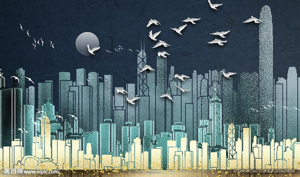 质感金箔金色夜景城市背景墙