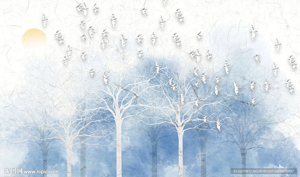 清新梦幻水彩水墨丛林背景墙