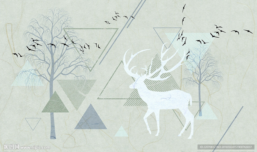 几何块面树木麋鹿背景墙