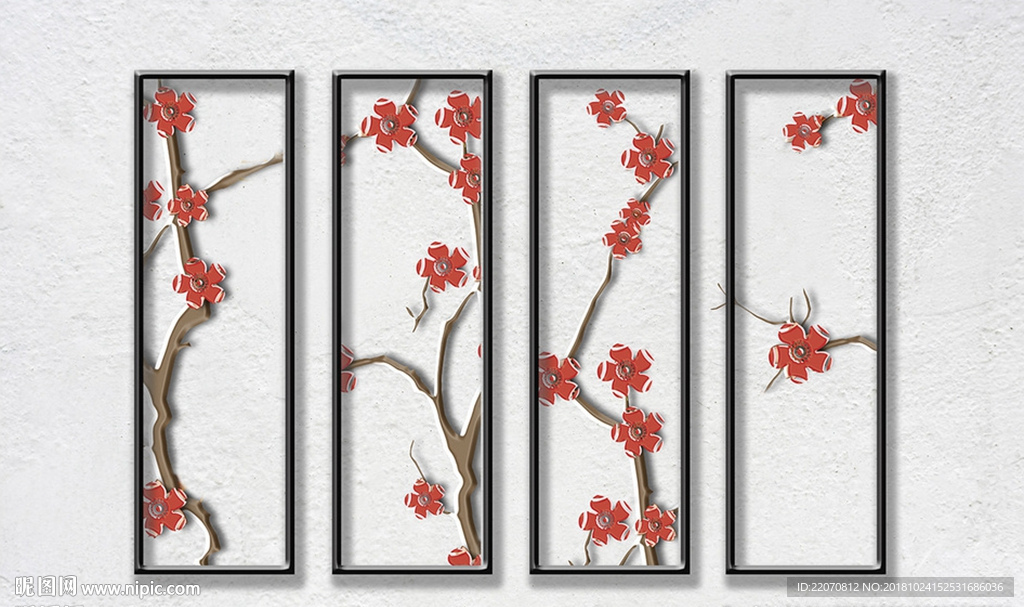 现代画框浮雕红梅树枝背景墙