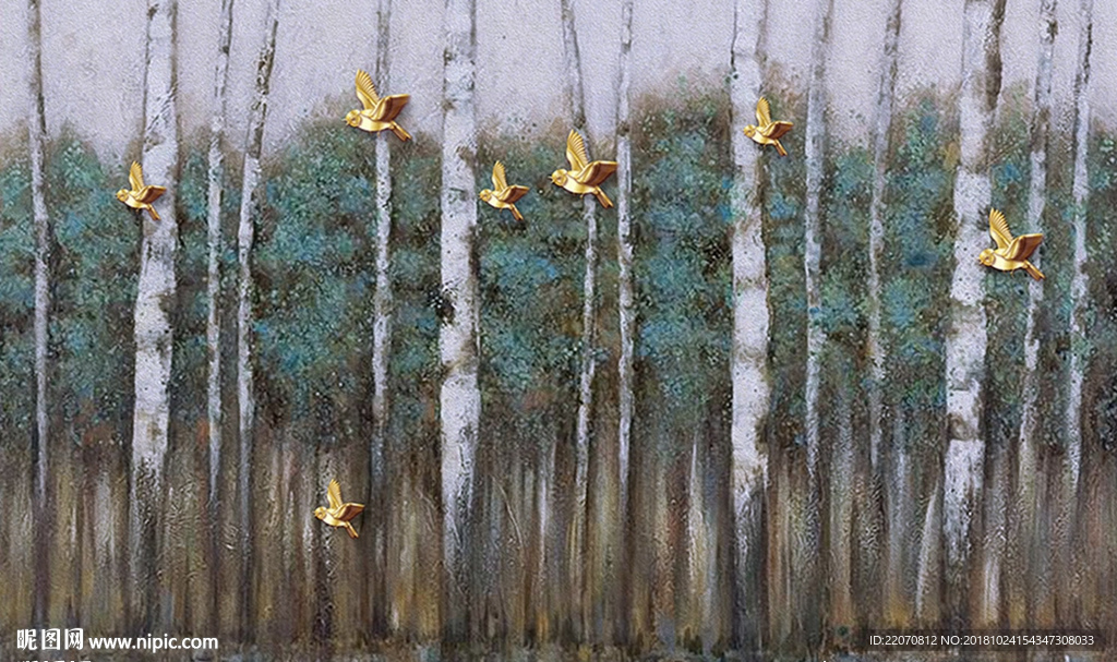 现代北欧油画树林浮雕小鸟背景墙