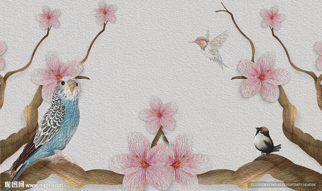 树枝花卉小鸟背景墙
