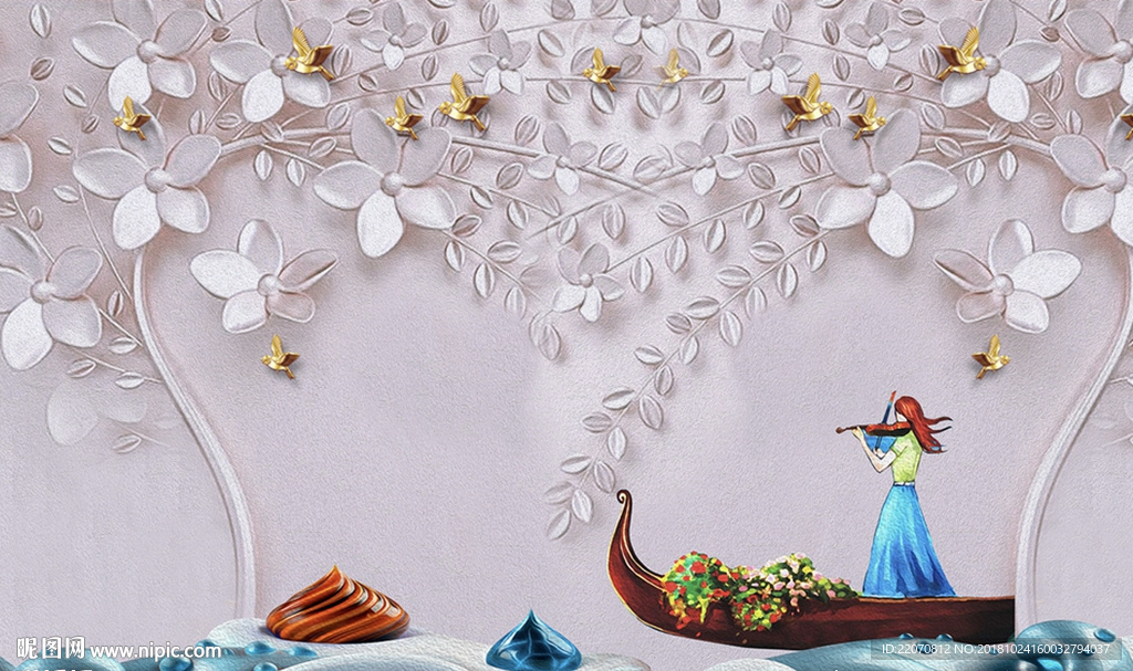 花卉小鸟美女拉琴背景墙