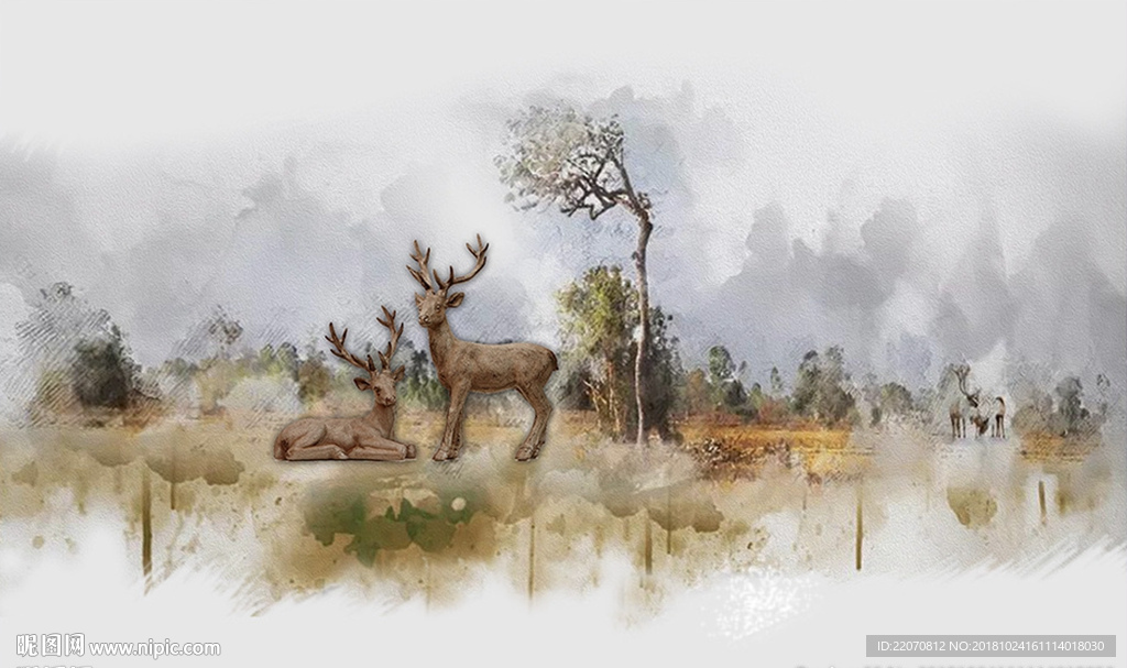 北欧简约手绘风景小鹿背景墙