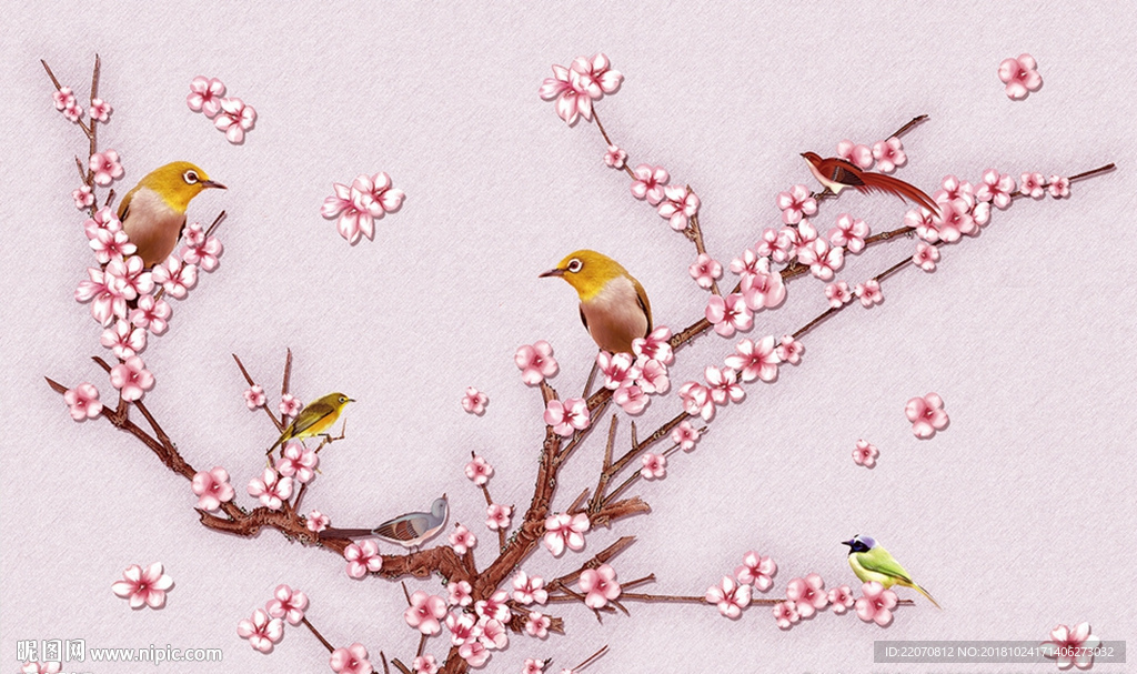 中式树枝花卉小鸟背景墙
