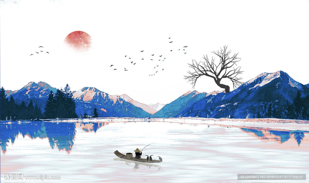 中式水墨山水飞鸟小船背景墙