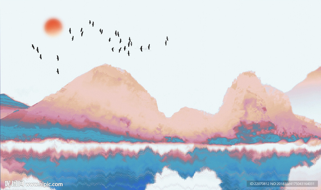 水墨国画日出抽象山水背景墙