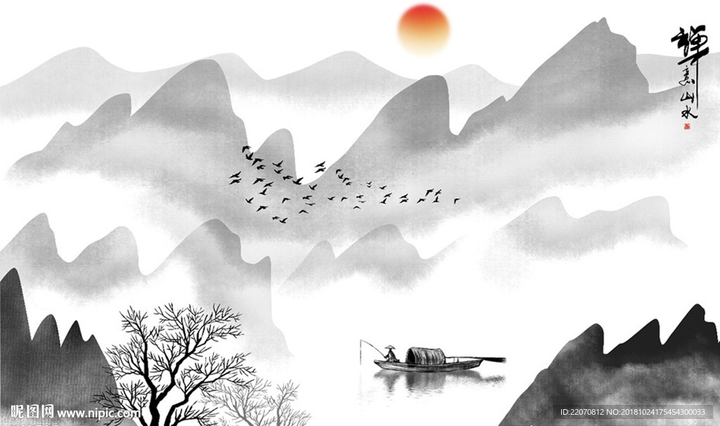 中式水墨禅意山水画背景墙