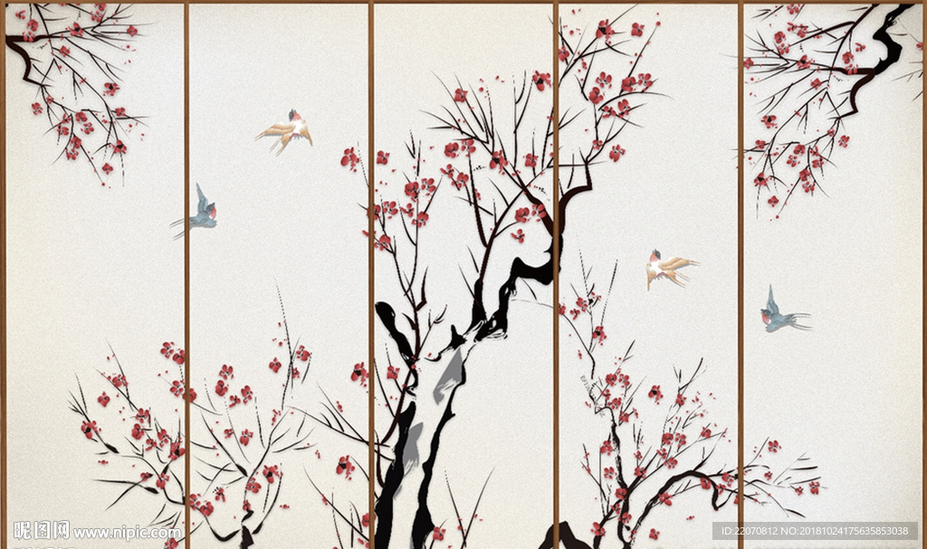 中式手绘梅花唯美花鸟背景墙